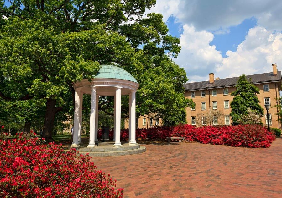 UNC-Chapel Holl Old Well surrounded by red flowers and brick pathways